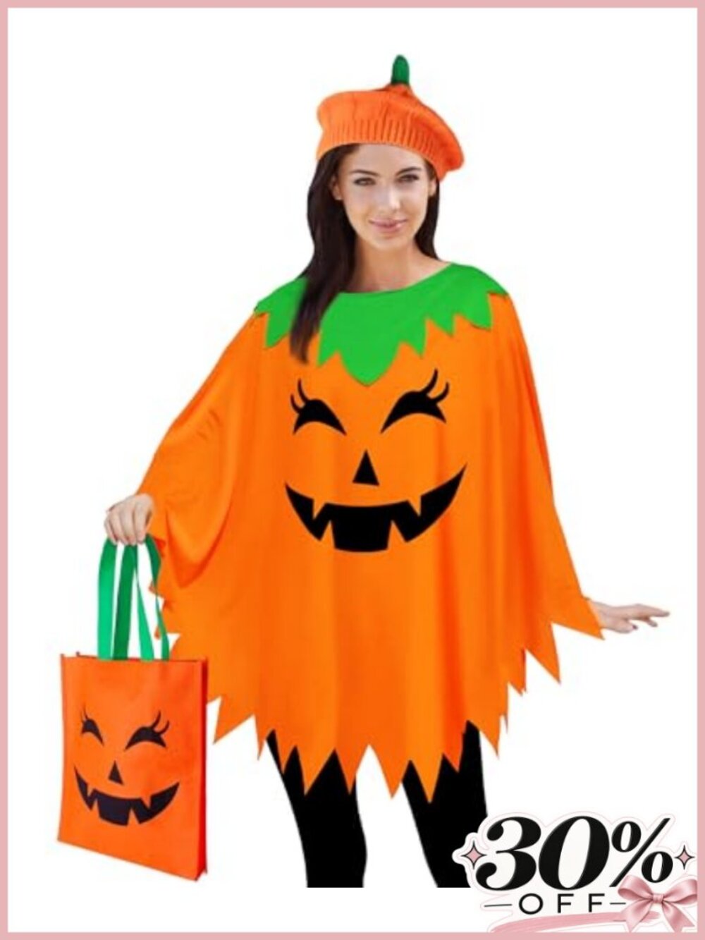 Women's Pumpkin Poncho Halloween Costume Set with Beret & Candy Bag